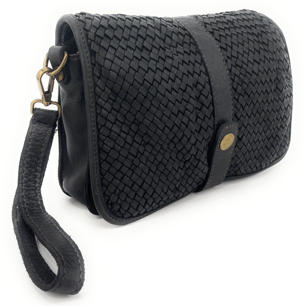 Sac besace à bandoulière en cuir tressé SHANNA Noir