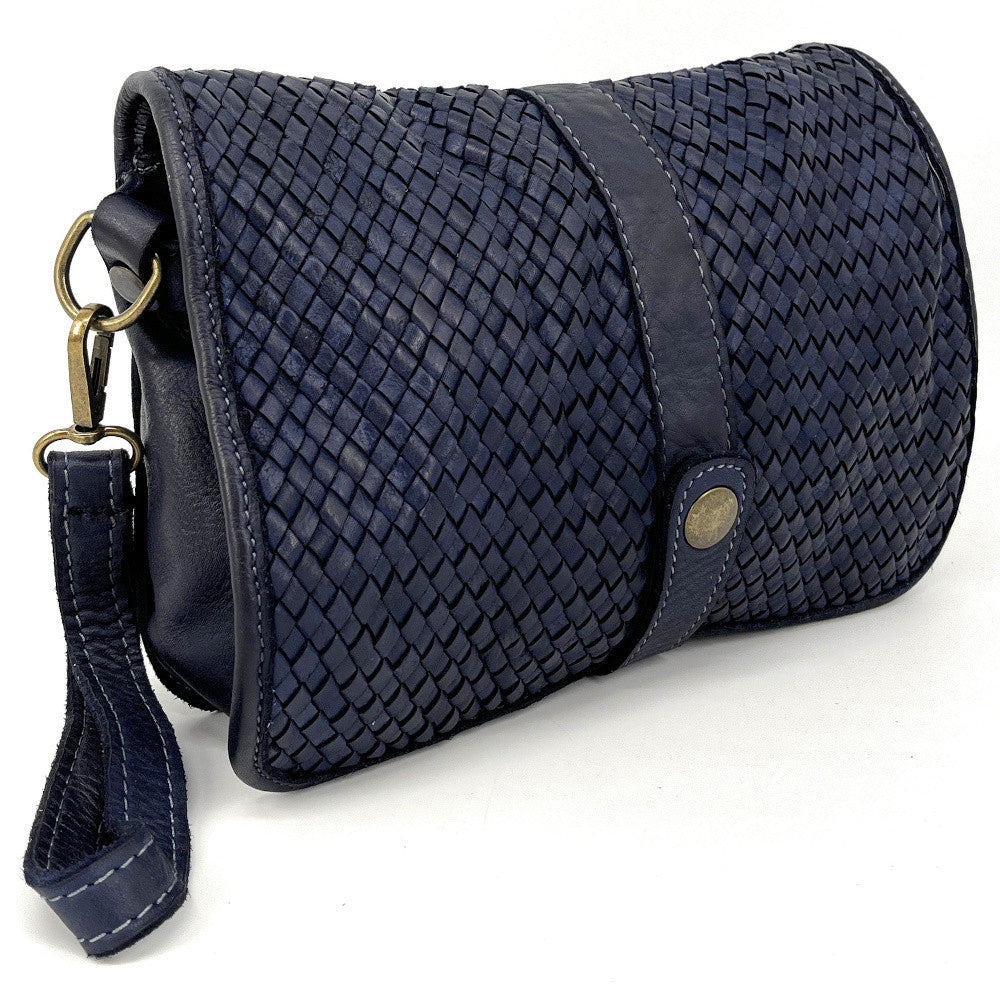 Sac besace à bandoulière en cuir tressé SHANNA Bleu profond
