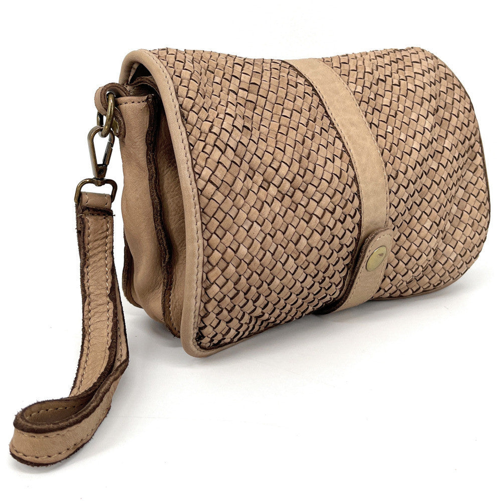 Sac besace à bandoulière en cuir tressé SHANNA Taupe clair