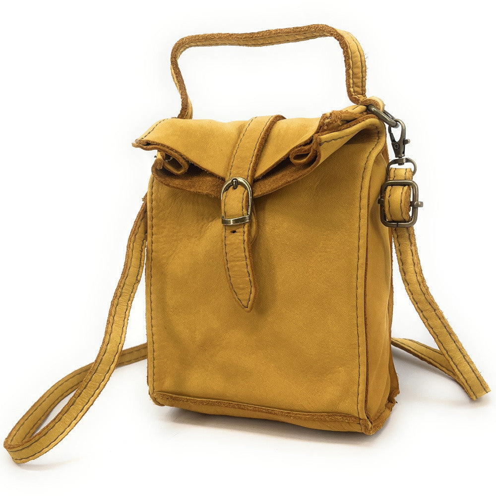 Mini-sac pochette bandoulière en cuir vintage OHM Jaune Moutarde
