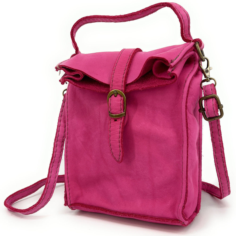 Mini-sac pochette bandoulière en cuir vintage OHM Rose fuchsia