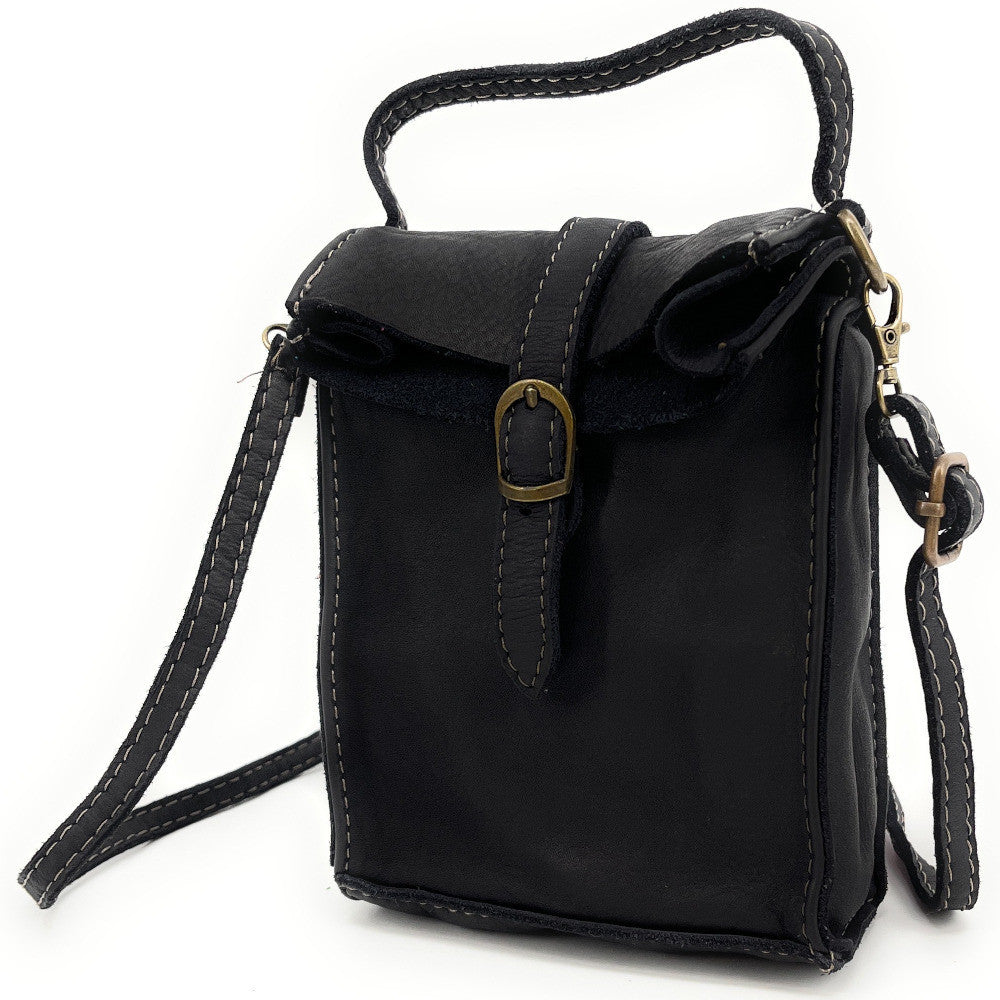 Mini-sac pochette bandoulière en cuir vintage OHM Noir