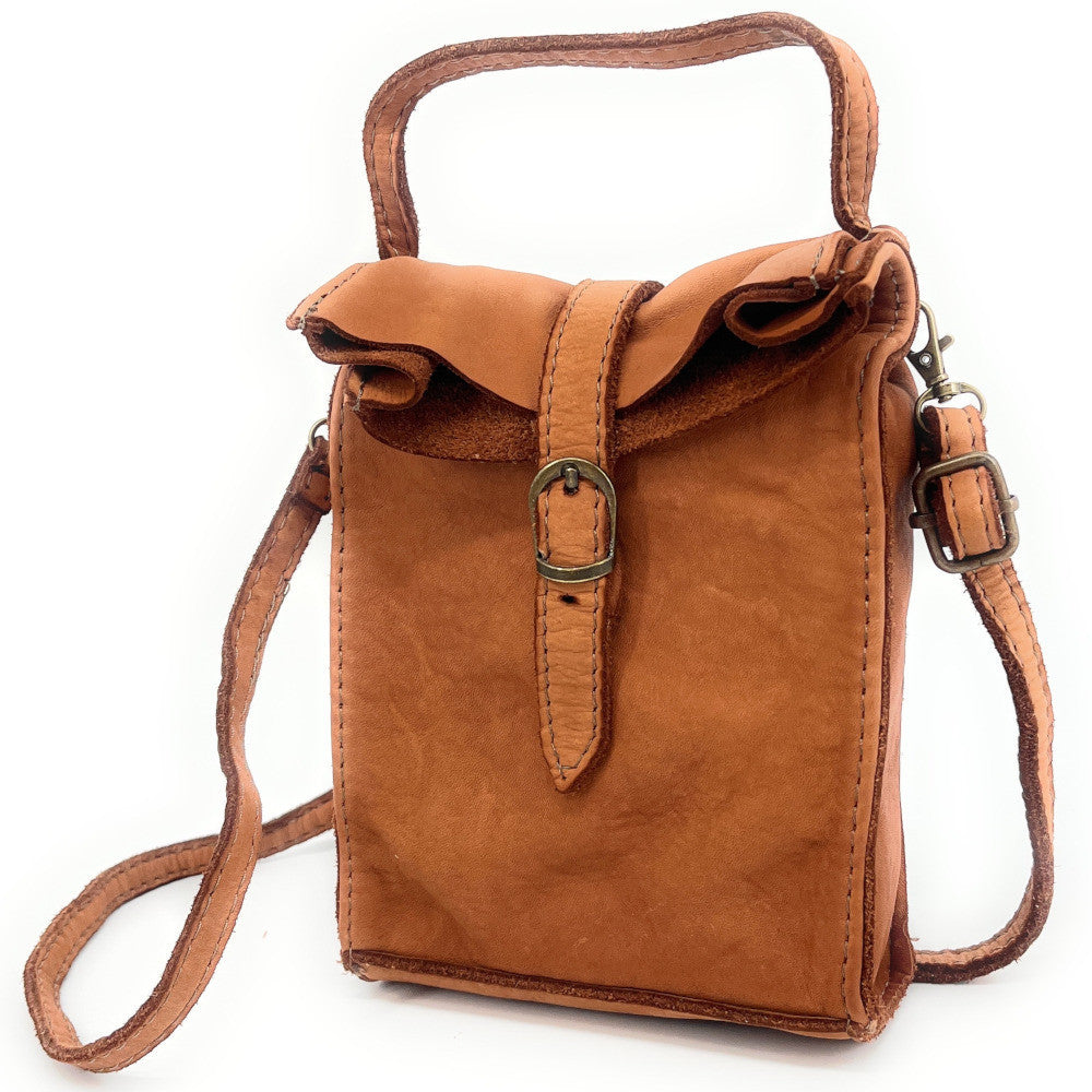 Mini-sac pochette bandoulière en cuir vintage OHM Camel foncé