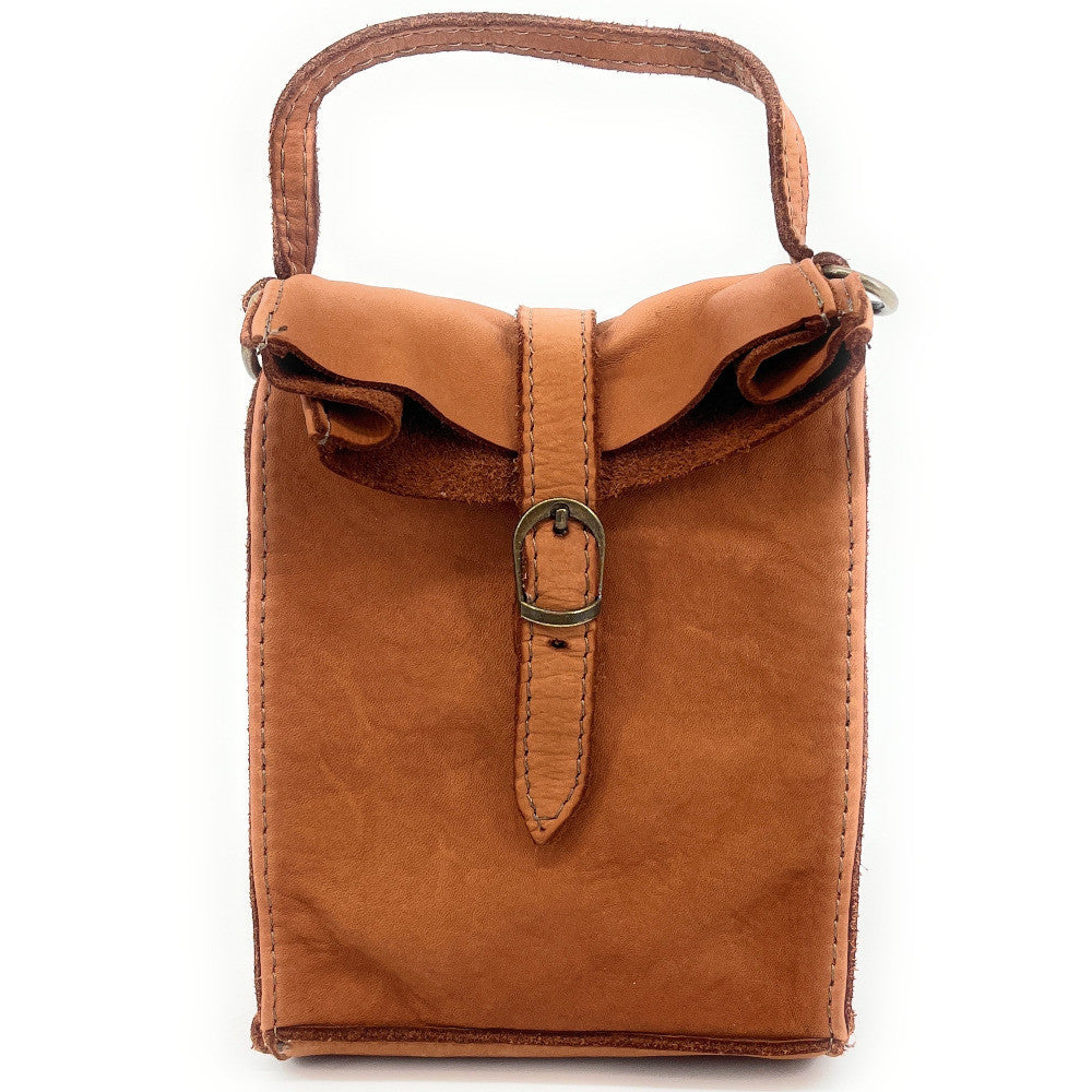 Mini-sac pochette bandoulière en cuir vintage OHM Camel foncé