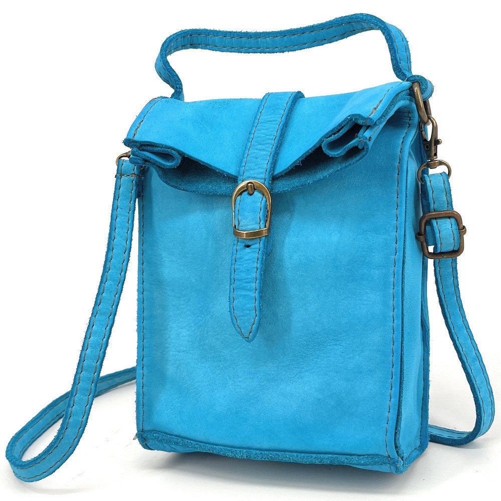 Mini-sac pochette bandoulière en cuir vintage OHM Bleu turquoise