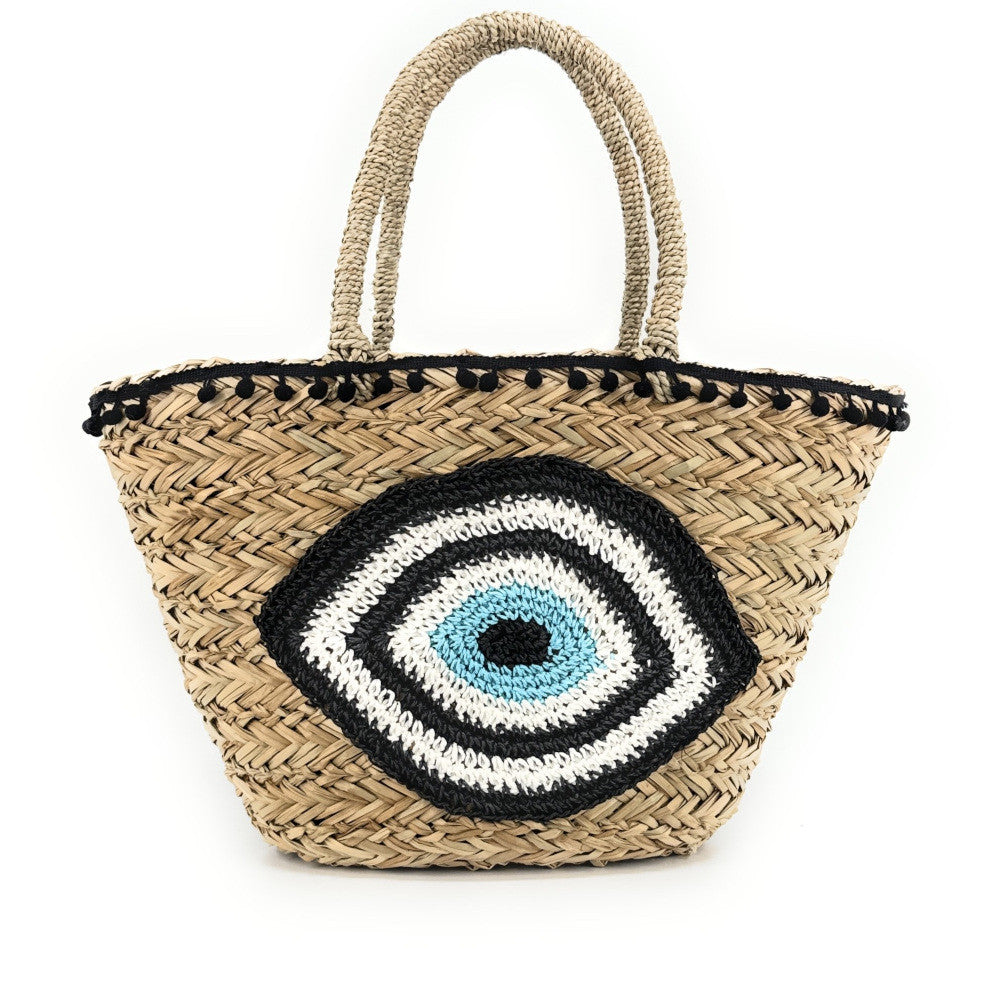 Panier en paille et broderies MATI Noir