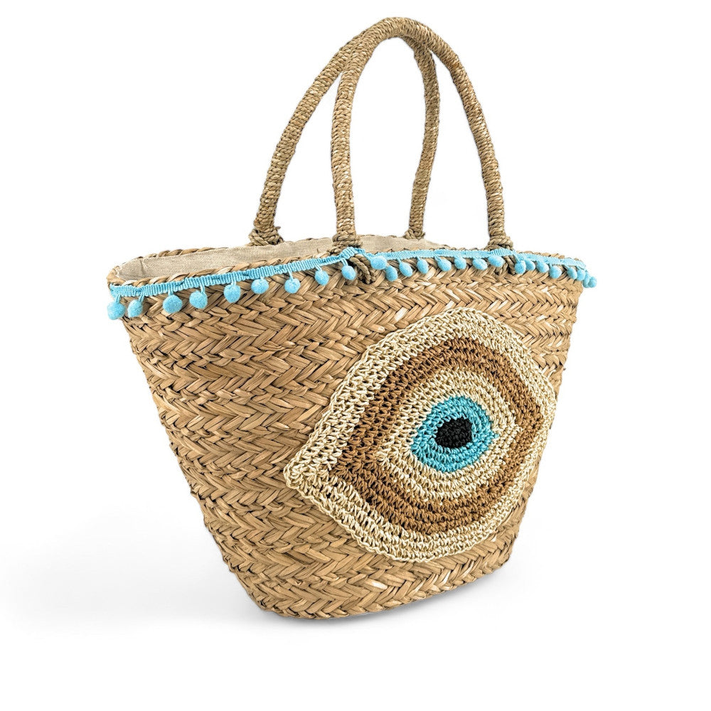 Panier en paille et broderies MATI Bleu turquoise