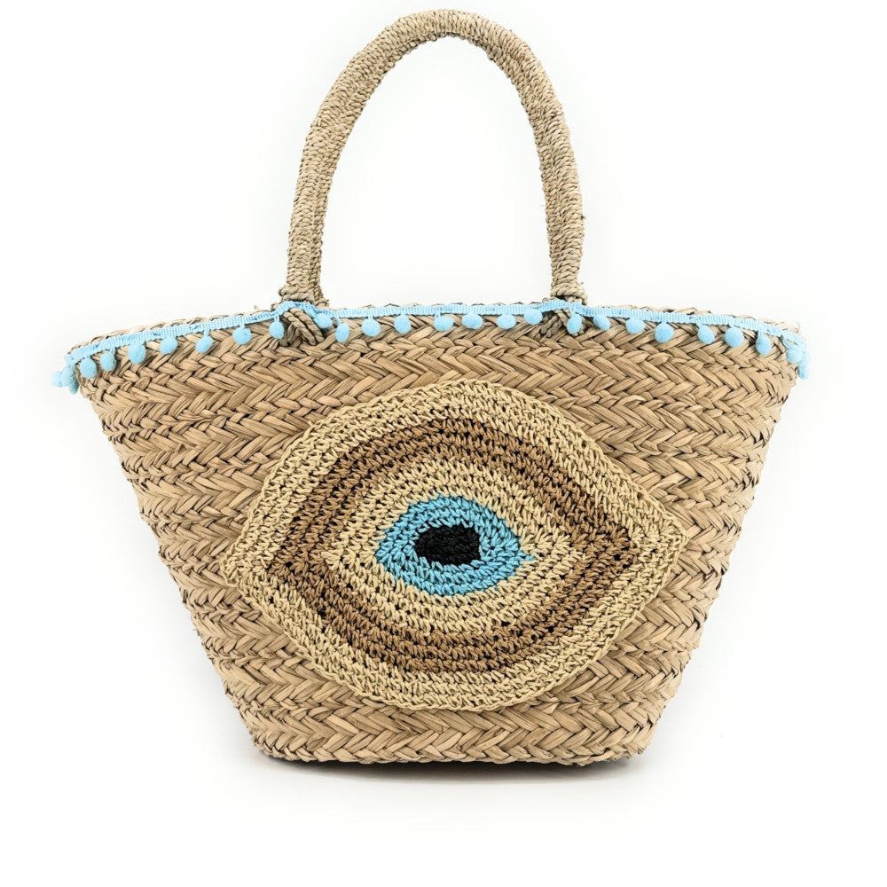 Panier en paille et broderies MATI Bleu turquoise