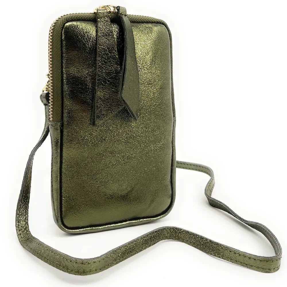 Pochette bandoulière en cuir irisé LOUVRE Kaki irisé