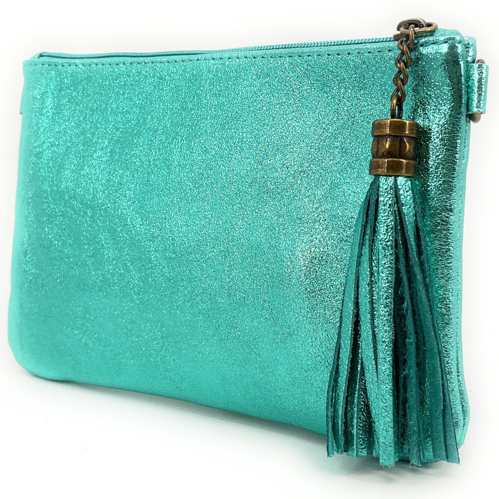 Sac pochette en cuir irisé MORGANE Bleu des mers du sud