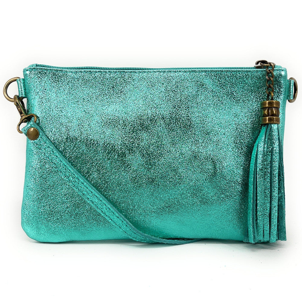 Sac pochette en cuir irisé MORGANE Bleu des mers du sud
