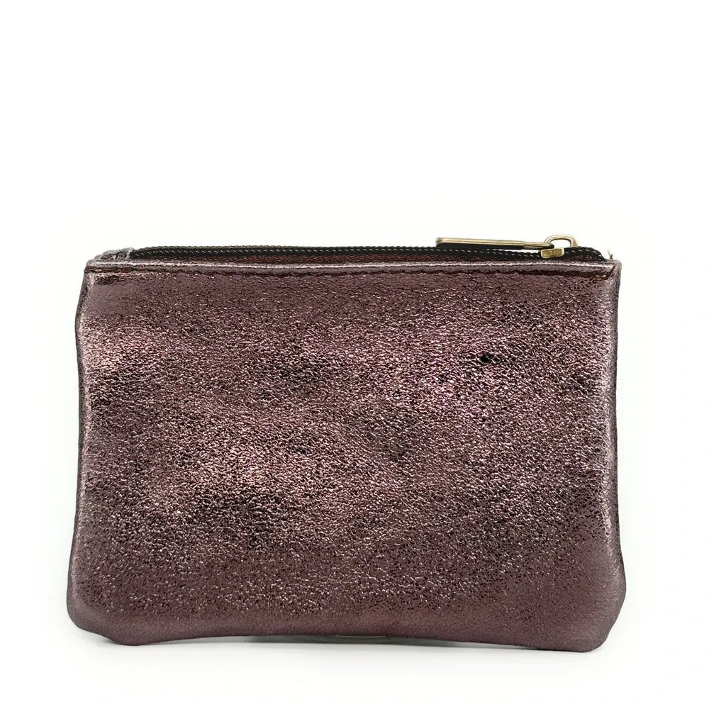 Pochette Zippée En Cuir Vachette Irisé - Fabriqué En Italie - Dimensions 10,5 X 16 Cm - Argenté Clair