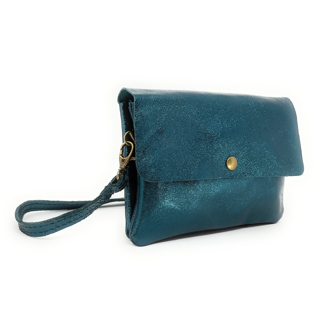 Sac pochette en cuir irisé MAELIA Bleu vert canard