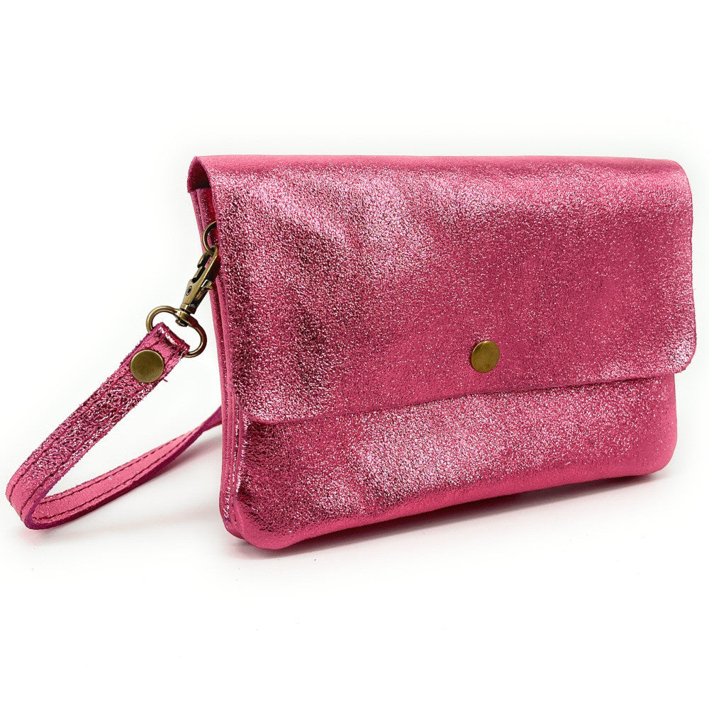 Sac pochette en cuir irisé MAELIA Rose néon