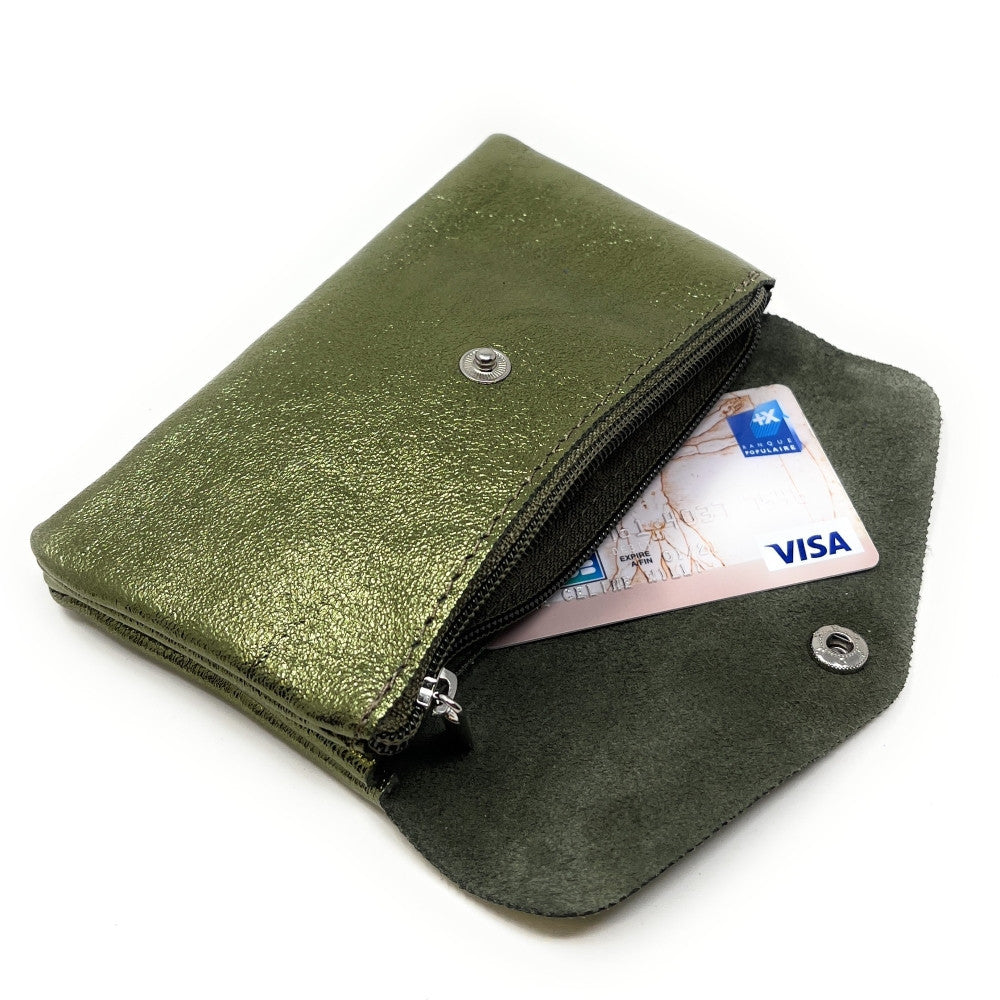 Pochette porte-monnaie en cuir irisé COMPO Kaki irisé