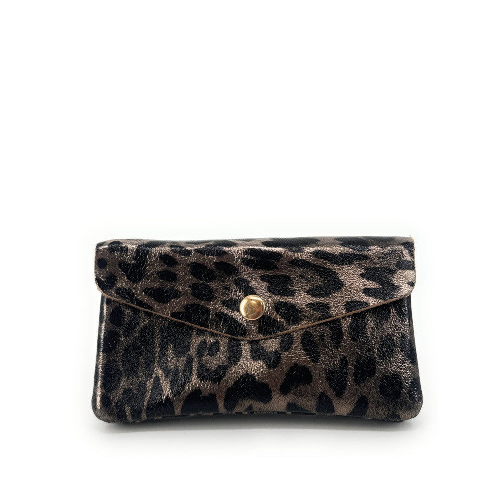 Pochette porte-monnaie en cuir irisé COMPO JUNGLE Léopard champagne