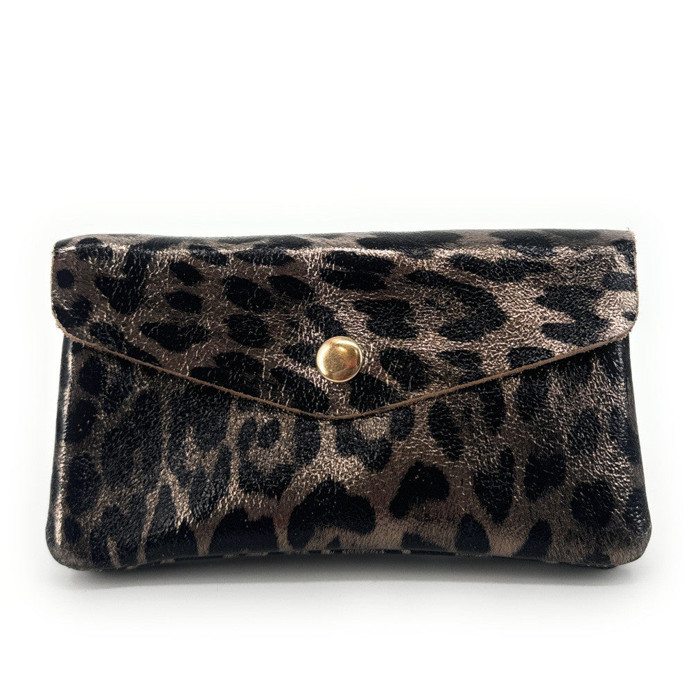 Pochette porte-monnaie en cuir irisé COMPO JUNGLE Léopard champagne