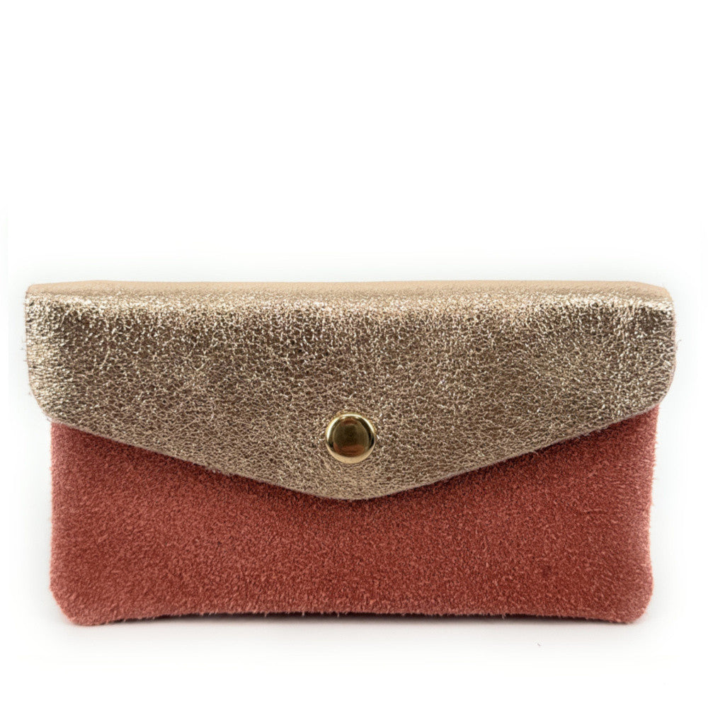 Pochette porte-monnaie en daim et cuir irisé COMBI Rose corail