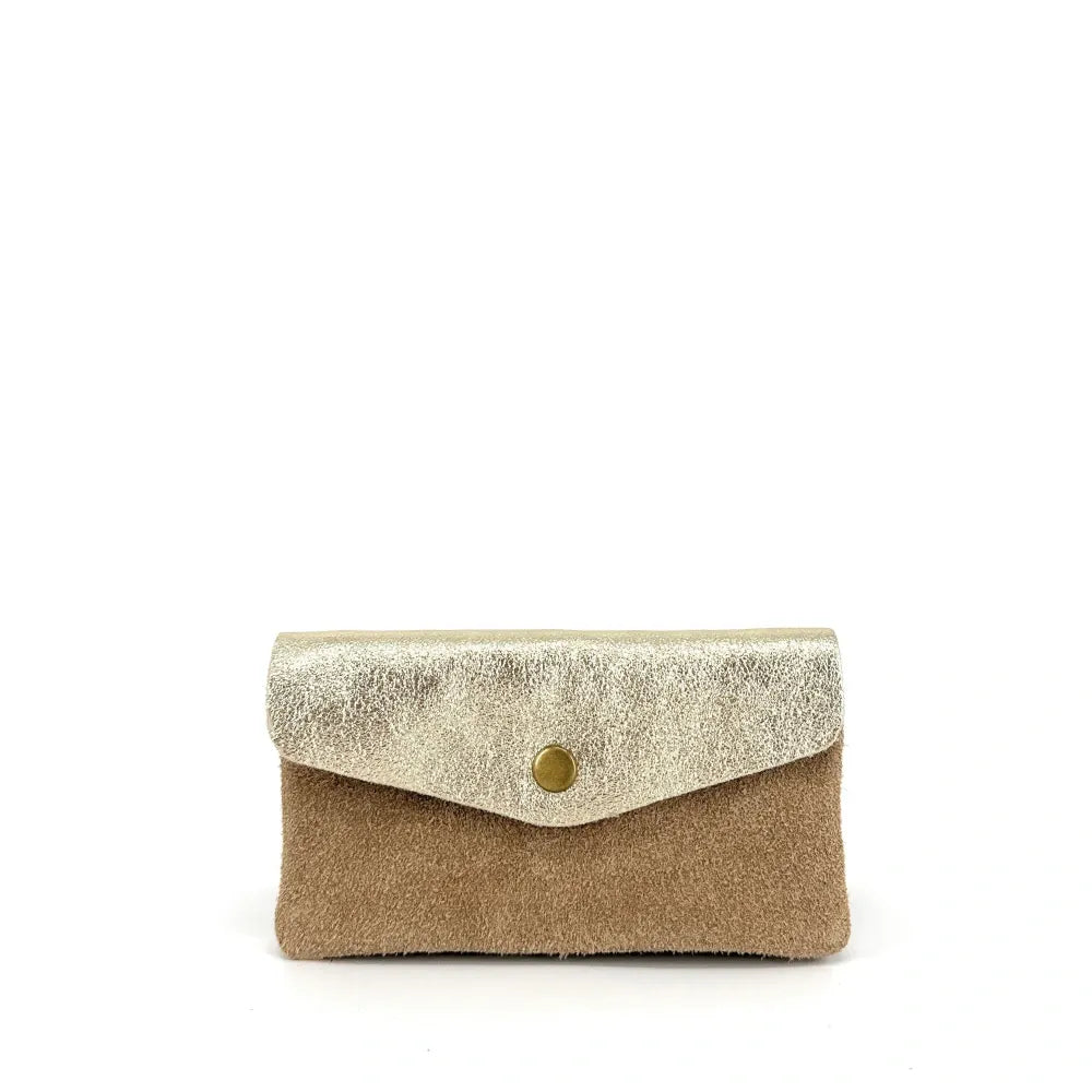Pochette porte-monnaie en daim et cuir irisé COMBI Taupe clair