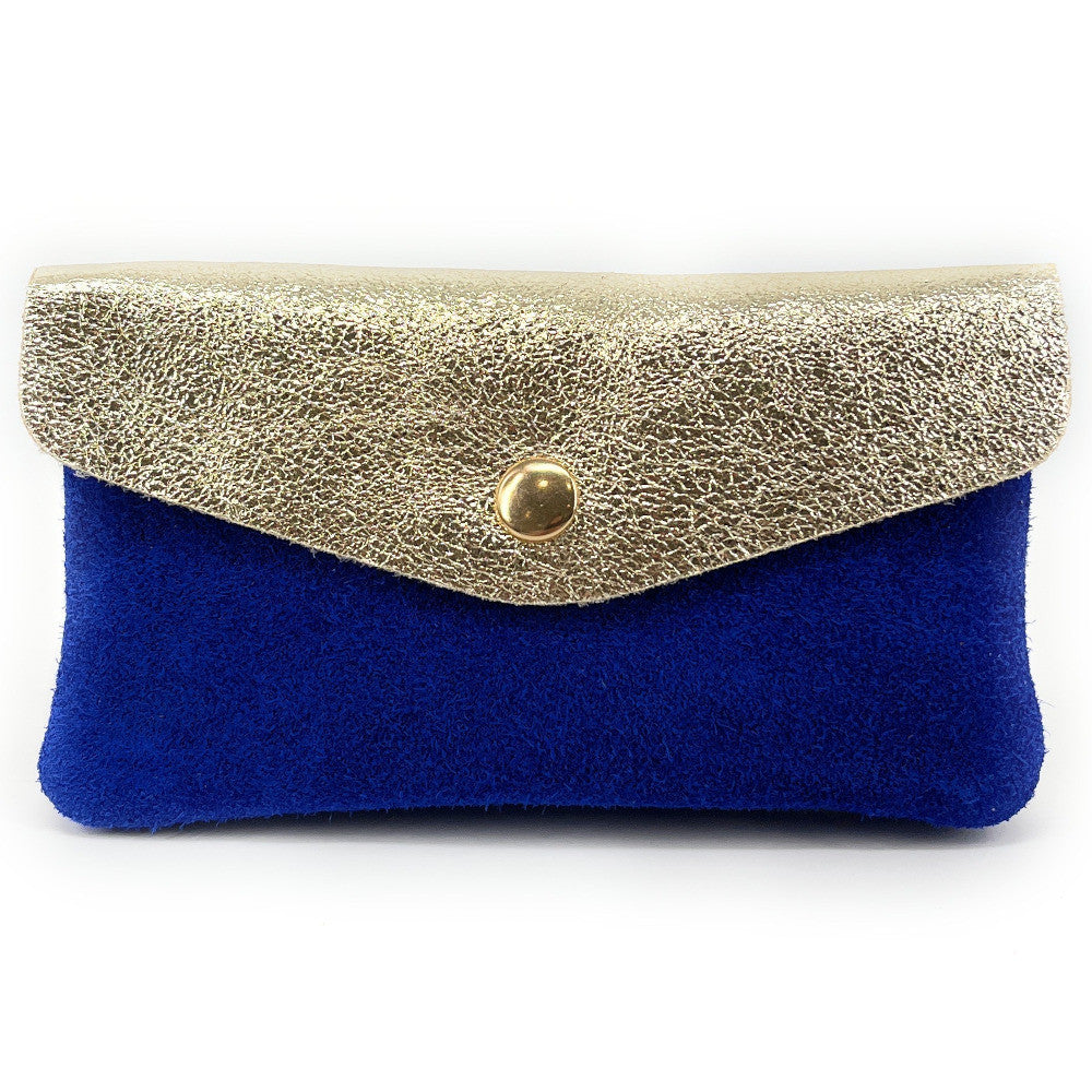 Pochette porte-monnaie en daim et cuir irisé COMBI Bleu roi