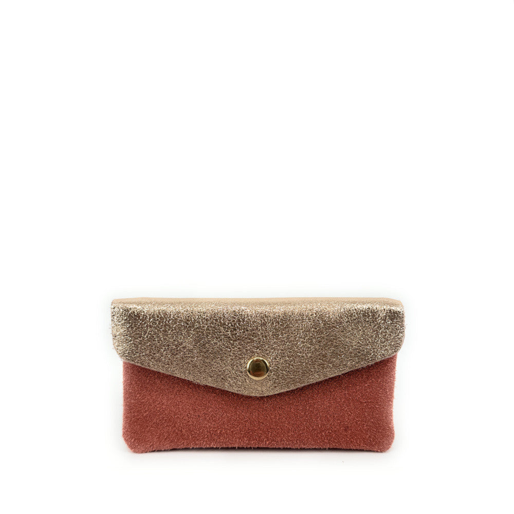 Pochette porte-monnaie en daim et cuir irisé COMBI Rose corail