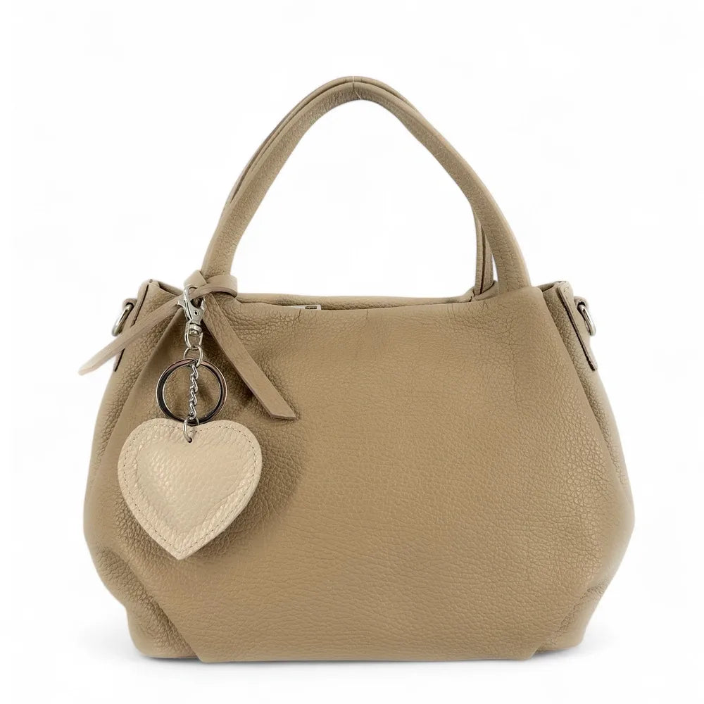 Porte-clés en cuir grainé COEUR SILVER Taupe clair