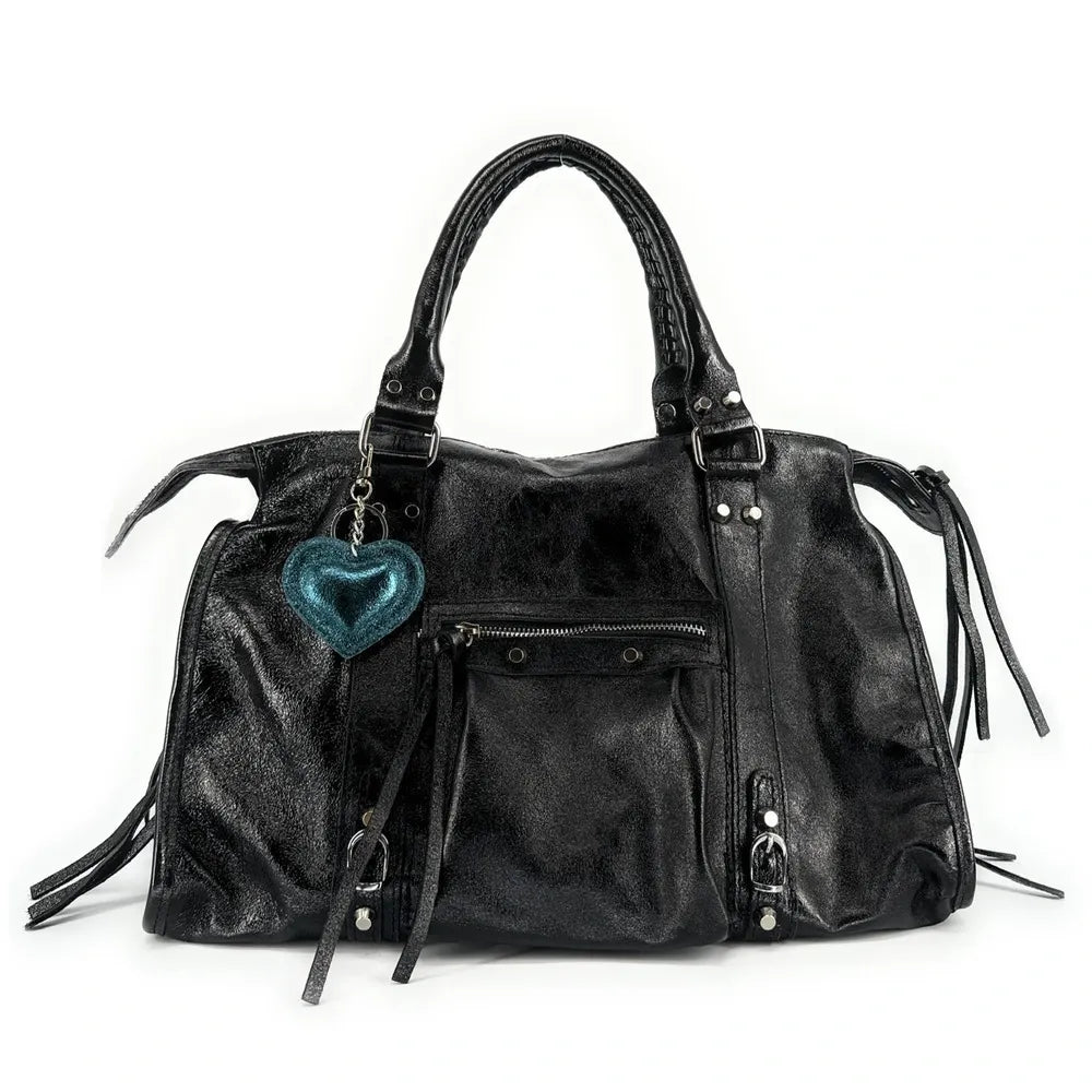 Porte-clés en cuir irisé COEUR GLOW Bleu canard irisé