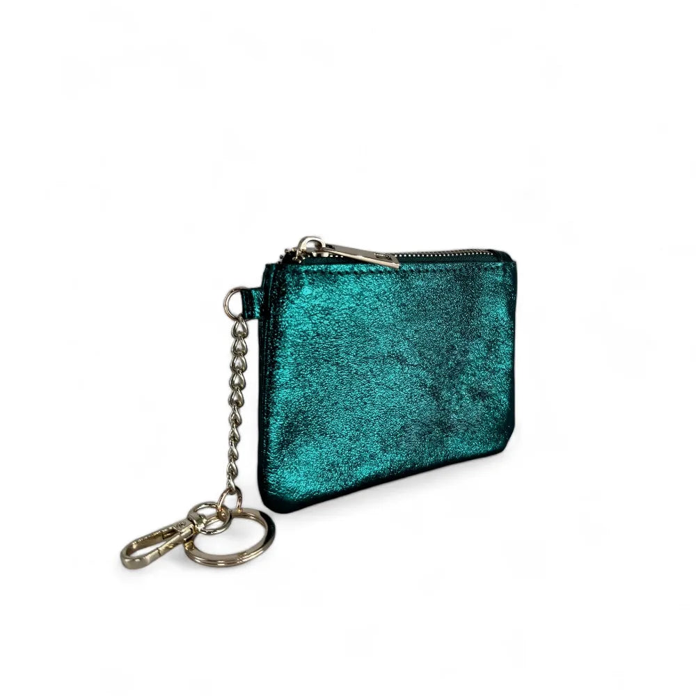 Porte-monnaie porte-clés en cuir irisé POCKET Bleu paon irisé