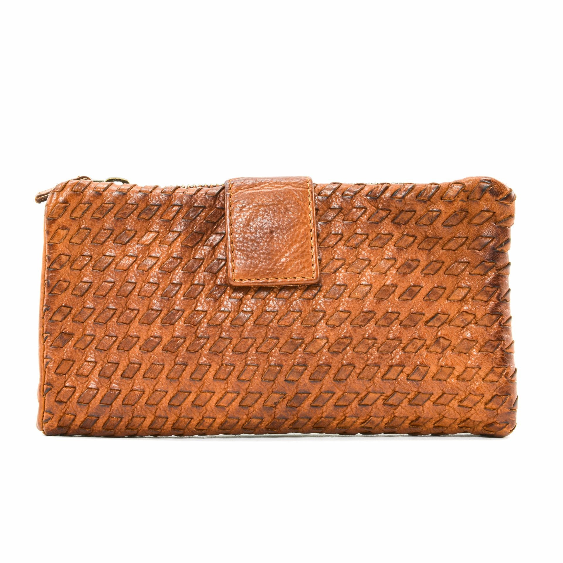 Portefeuille porte-monnaie en cuir tressé NAZCA Cognac