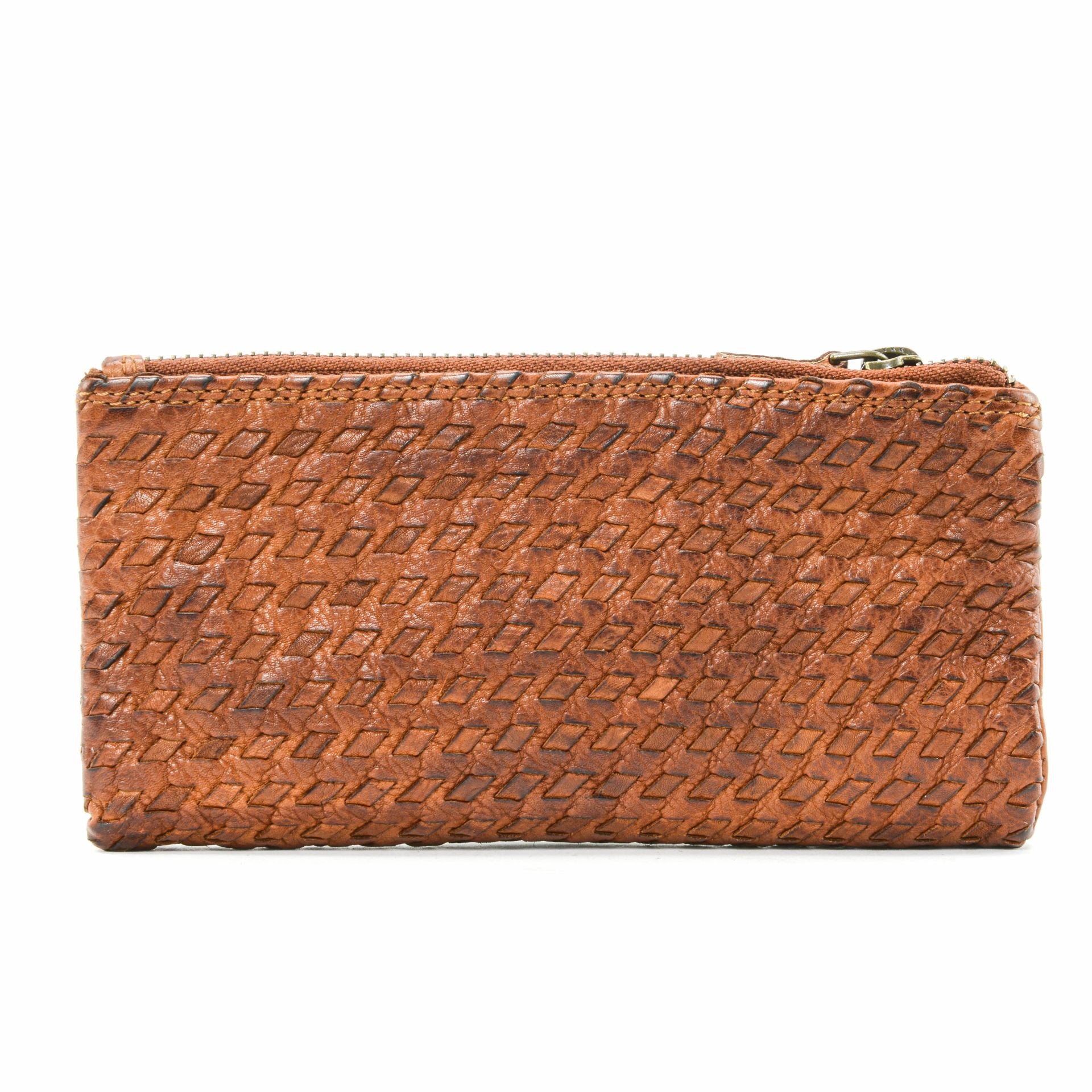 Portefeuille porte-monnaie en cuir tressé NAZCA Cognac