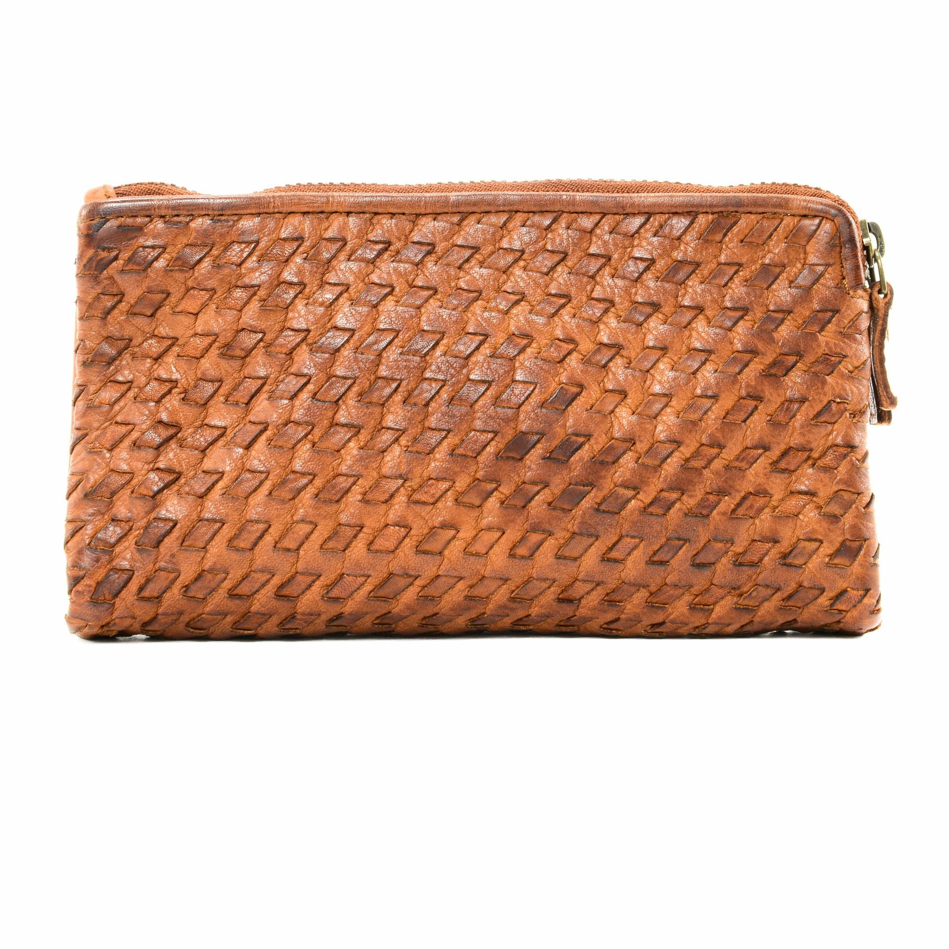 Portefeuille porte-monnaie en cuir tressé SAHARA Cognac