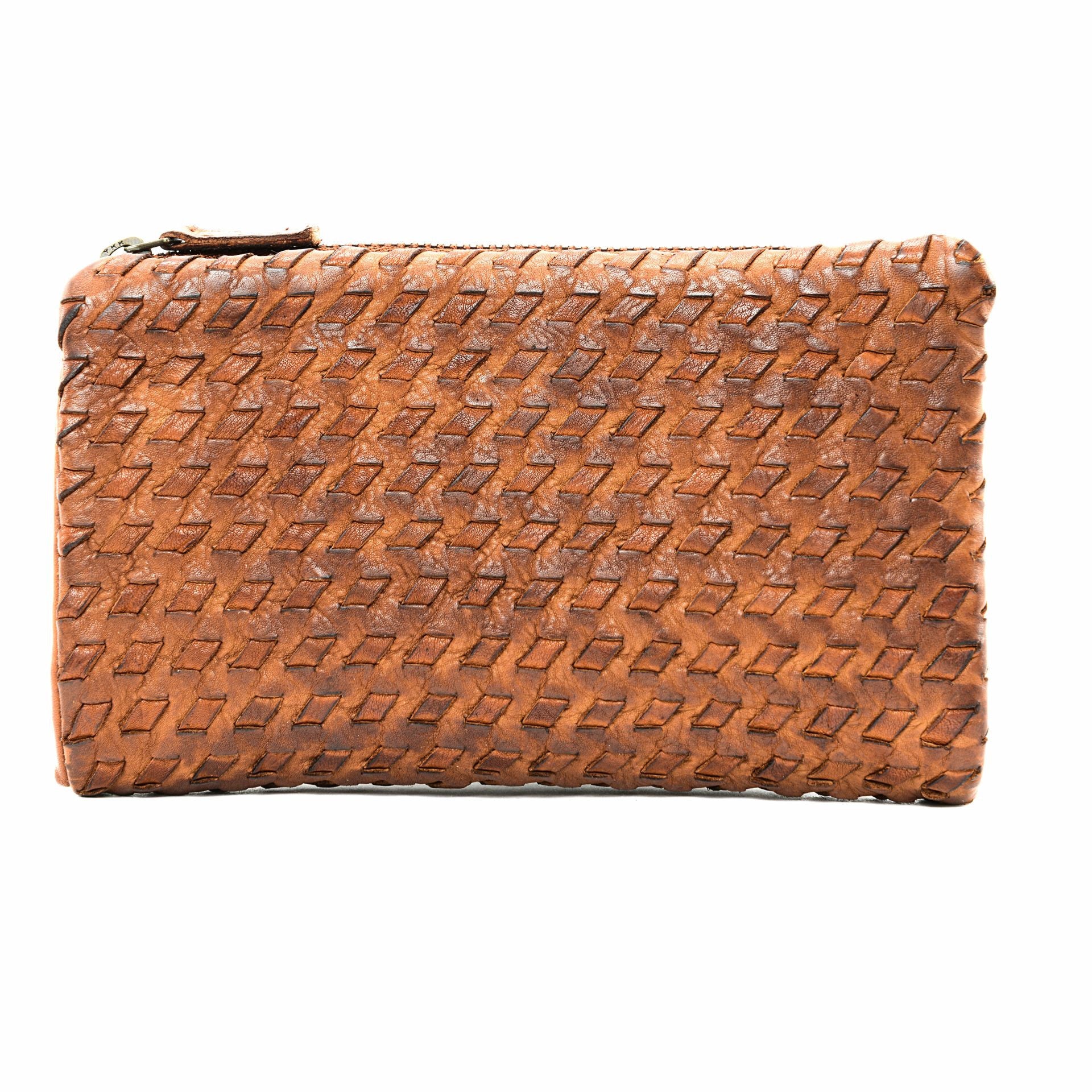 Portefeuille porte-monnaie en cuir tressé THAR Cognac