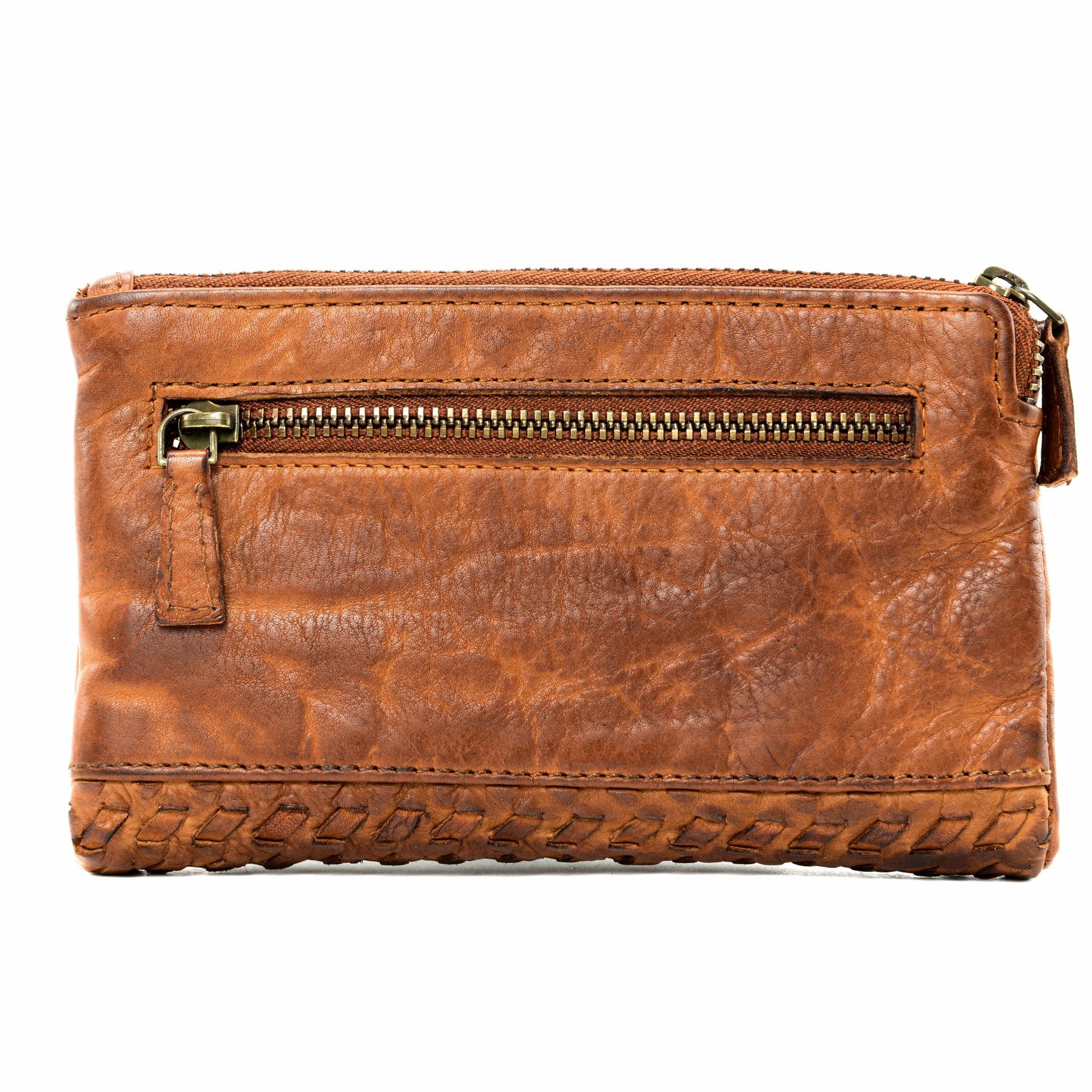 Portefeuille porte-monnaie en cuir tressé THAR Cognac