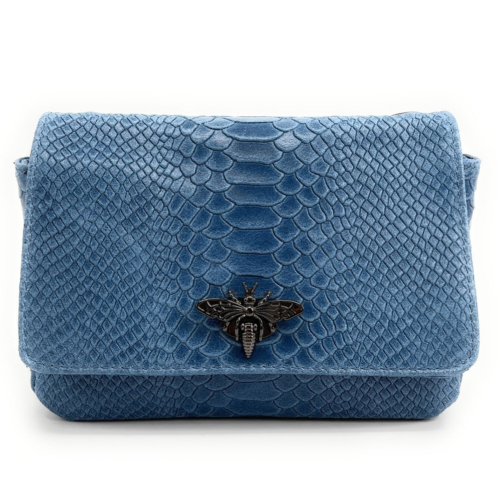 Sac bandoulière en cuir embossé effet serpent HONEY Bleu denim
