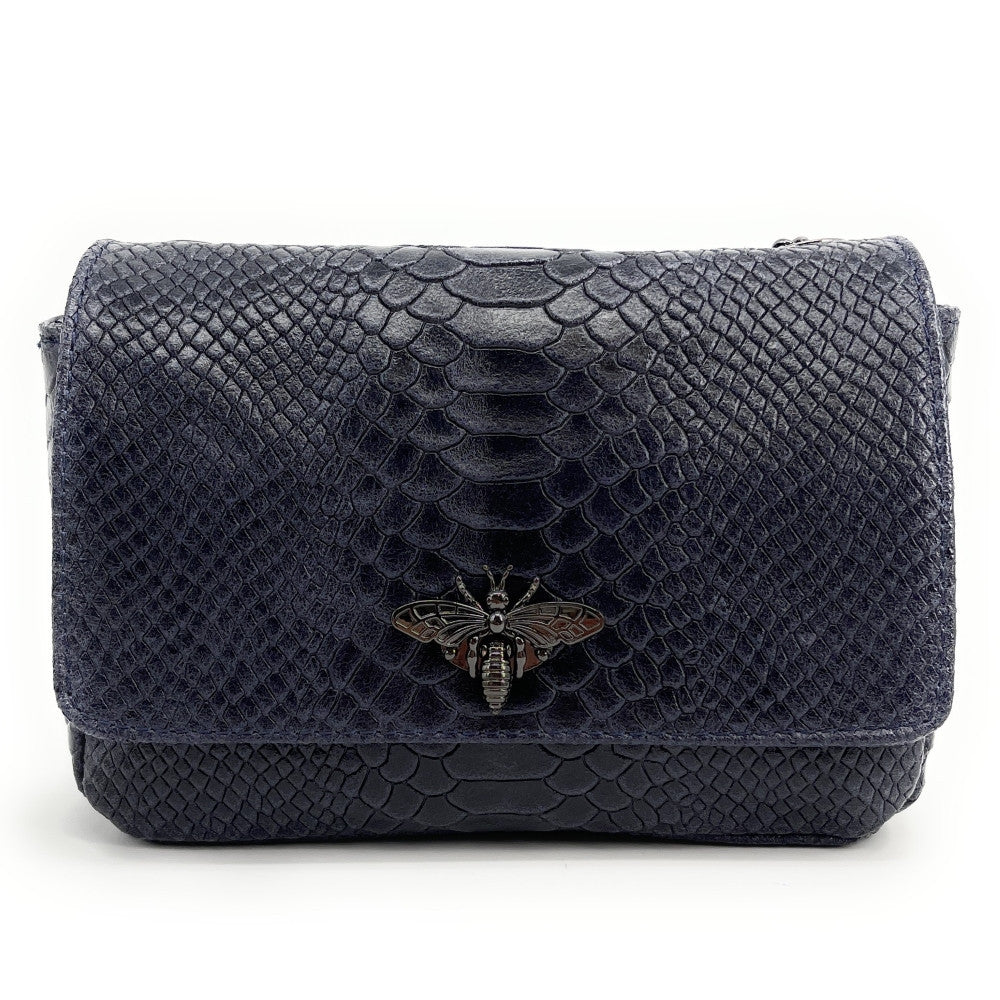 Sac bandoulière en cuir embossé effet serpent HONEY Bleu marine
