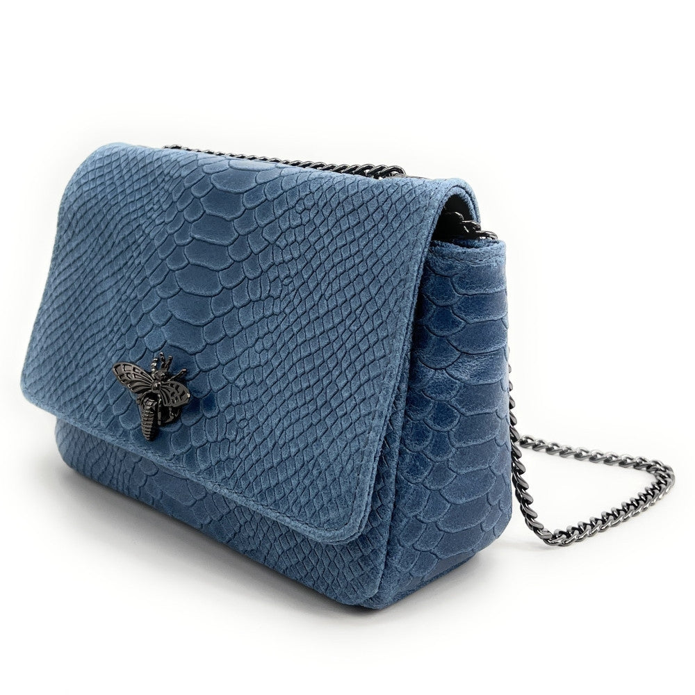 Sac bandoulière en cuir embossé effet serpent HONEY Bleu denim