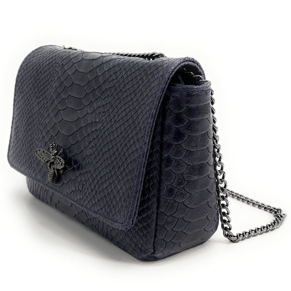 Sac bandoulière en cuir embossé effet serpent HONEY Bleu marine