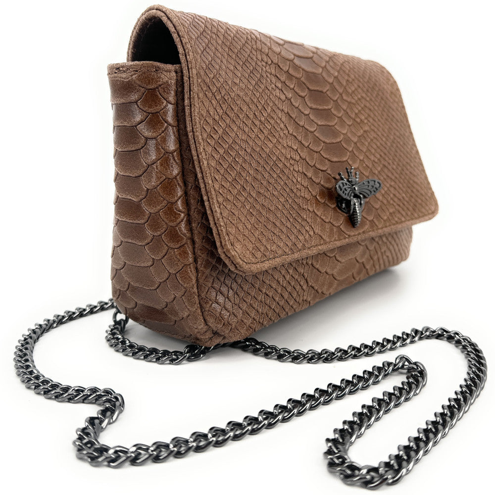 Sac bandoulière en cuir embossé effet serpent HONEY Taupe foncé