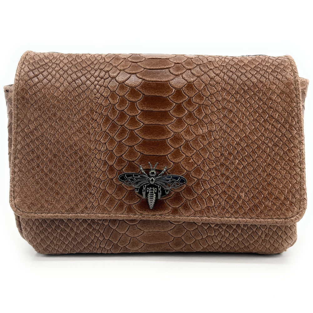 Sac bandoulière en cuir embossé effet serpent HONEY Taupe foncé