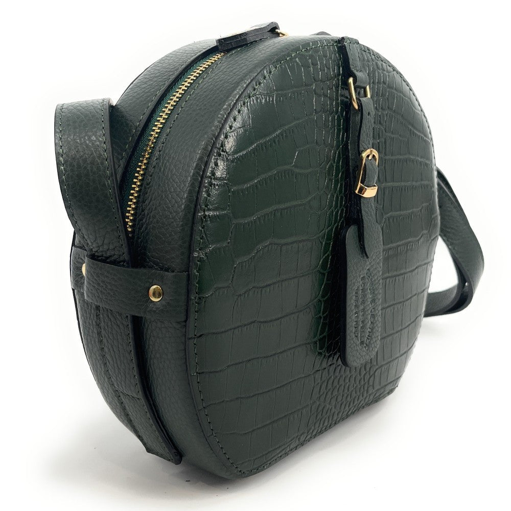 Sac rond à bandoulière en cuir façon croco DRUM Vert forêt