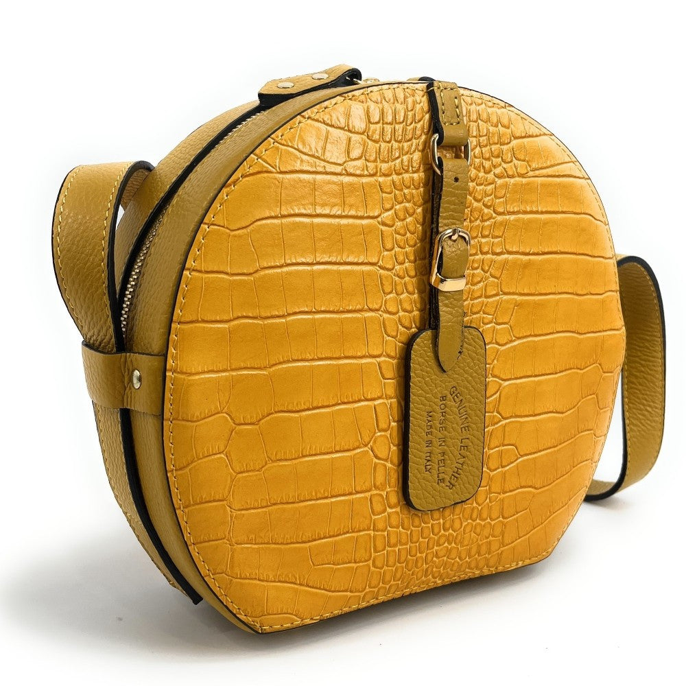 Sac rond à bandoulière en cuir façon croco DRUM Jaune Moutarde