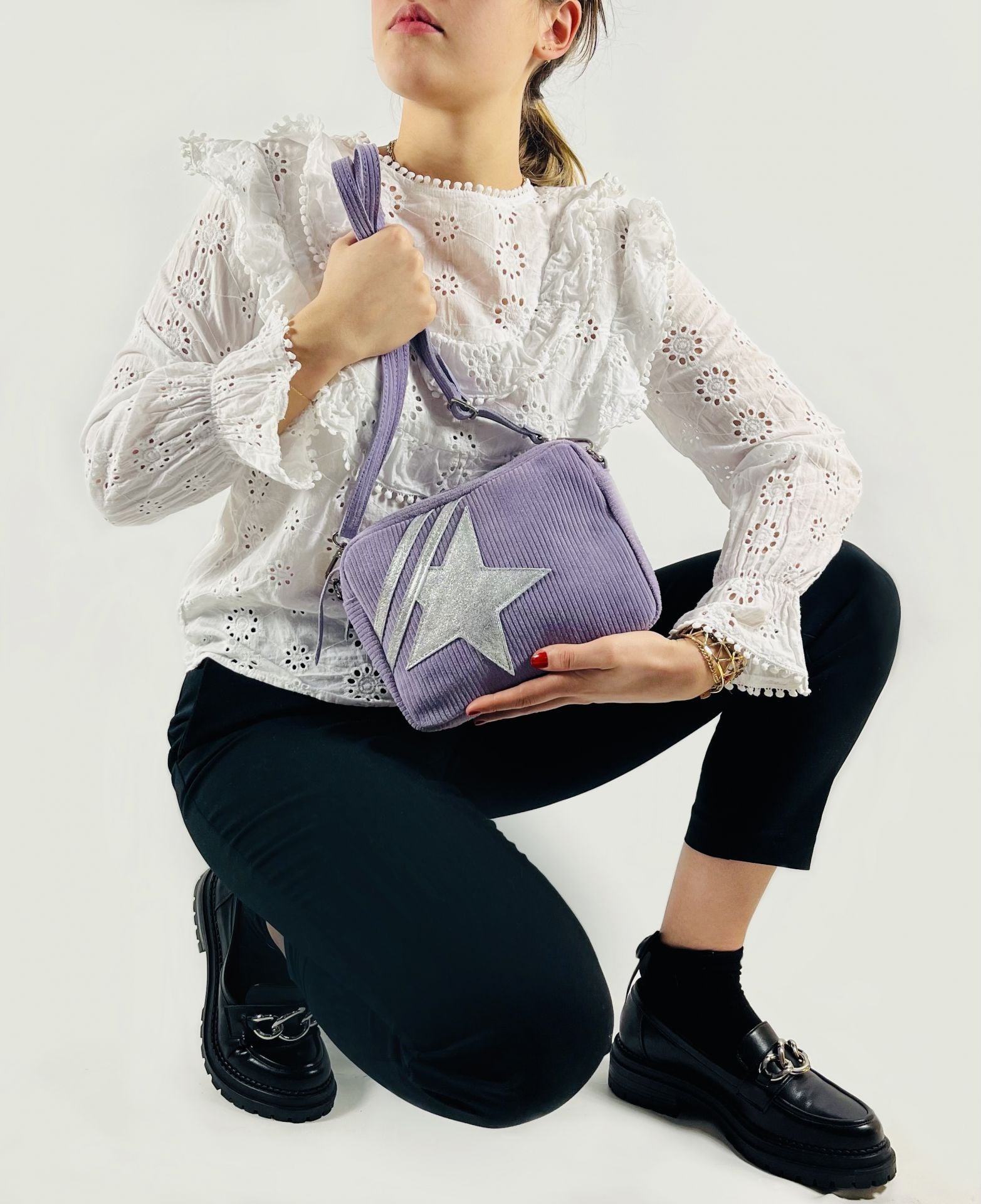 Sac à bandoulière en croûte de cuir SILVER STAR Lilas