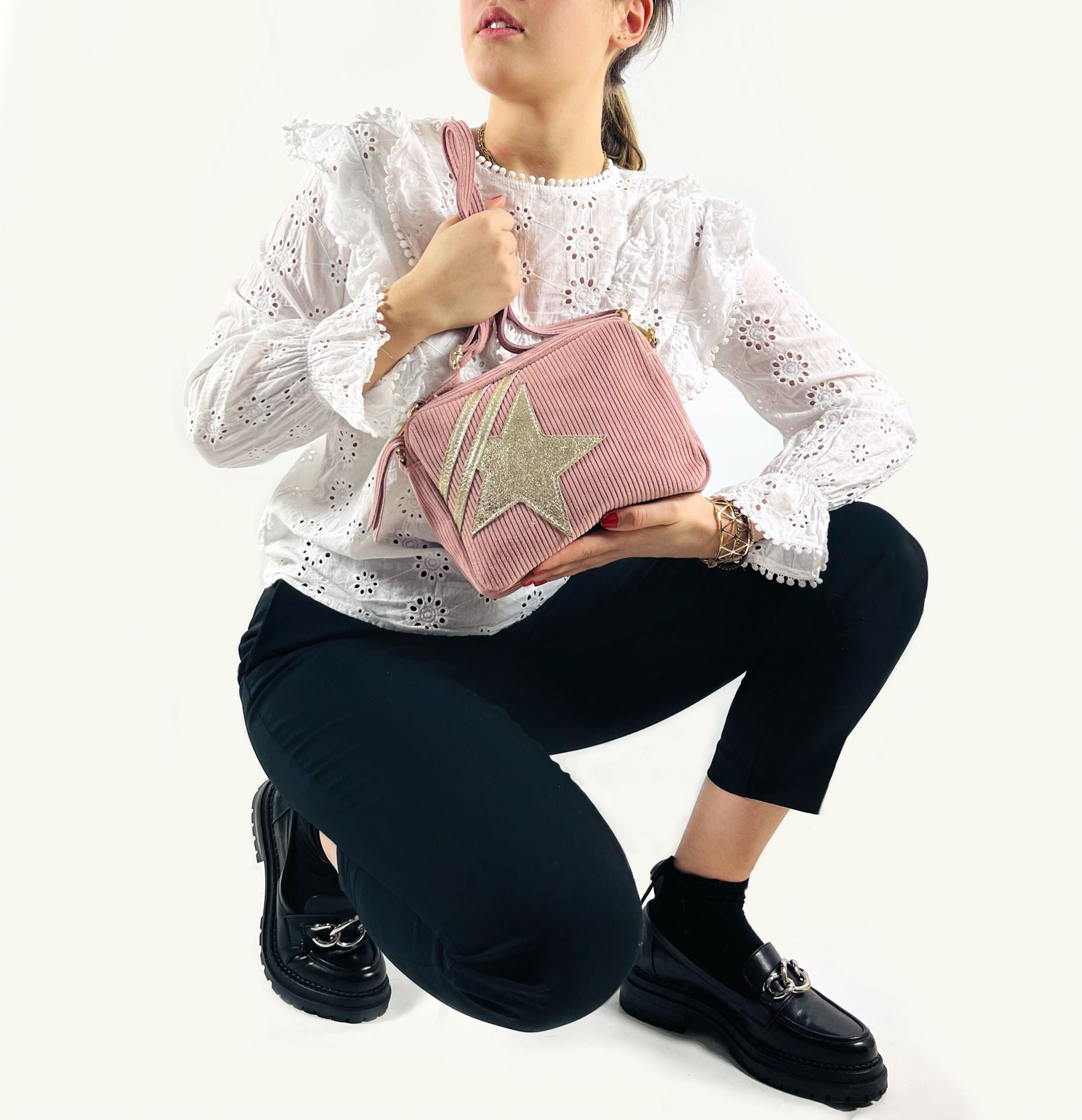 Sac à bandoulière en croûte de cuir SILVER STAR Rose nude