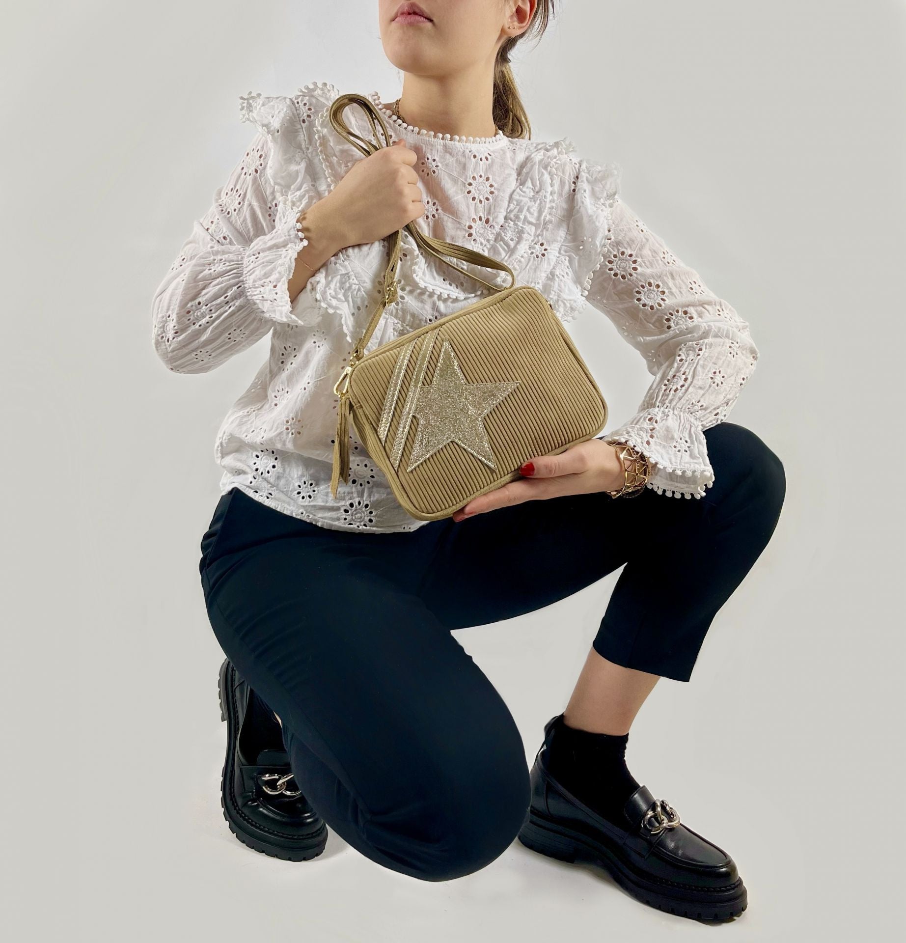 Sac à bandoulière en croûte de cuir SILVER STAR Camel