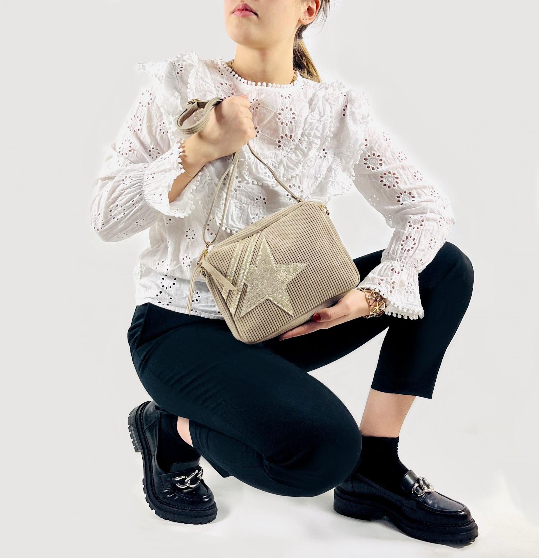 Sac à bandoulière en croûte de cuir SILVER STAR Taupe