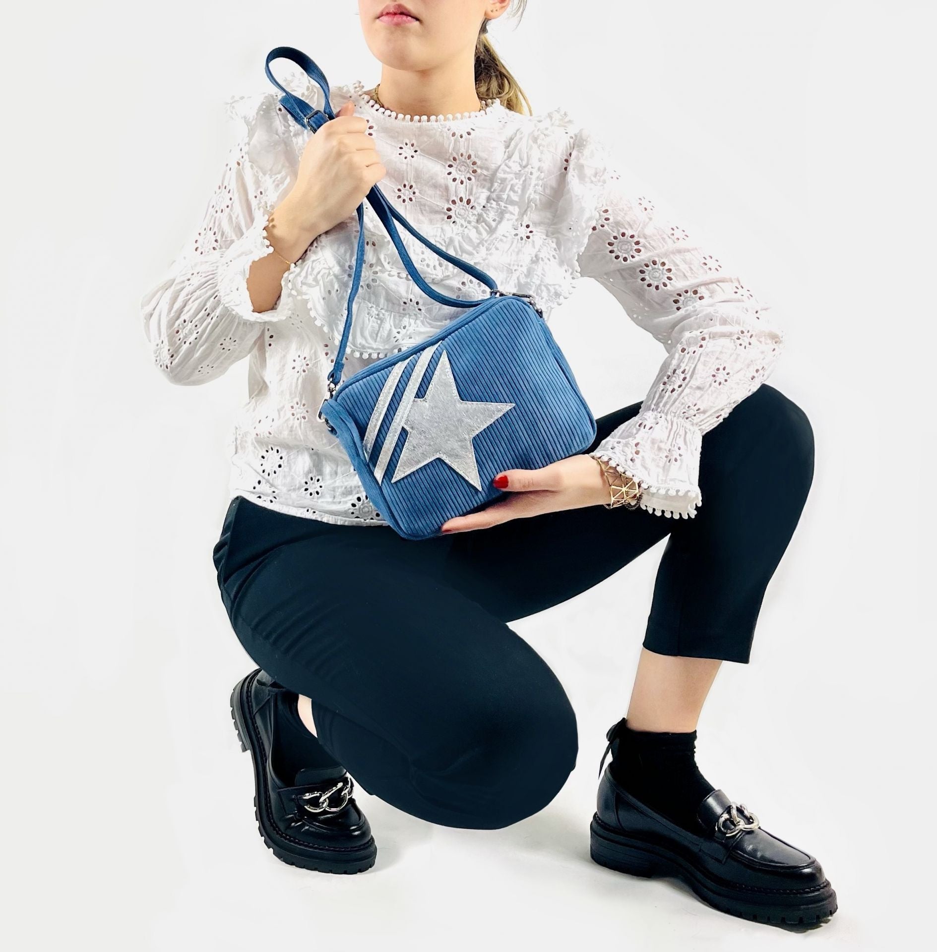 Sac à bandoulière en croûte de cuir SILVER STAR Bleu