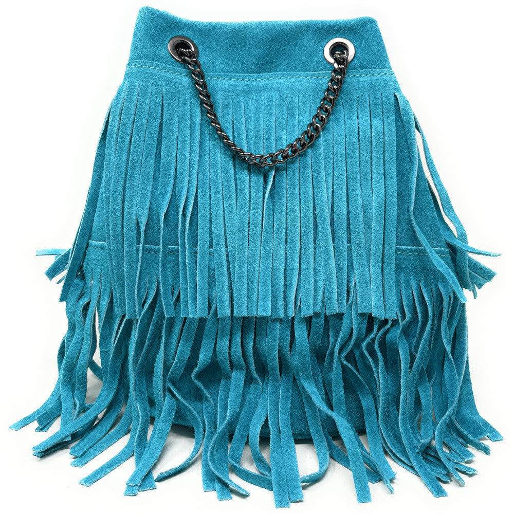 Sac à main à franges en croûte de cuir TADI Bleu turquoise