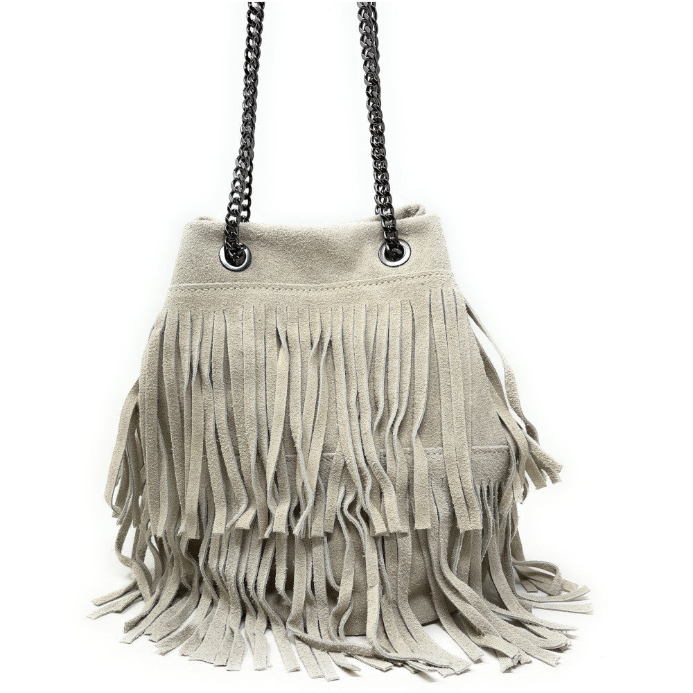 Sac à main à franges en croûte de cuir TADI Taupe clair