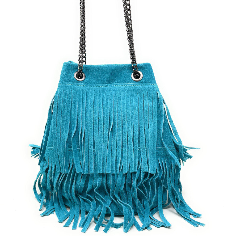 Sac à main à franges en croûte de cuir TADI Bleu turquoise