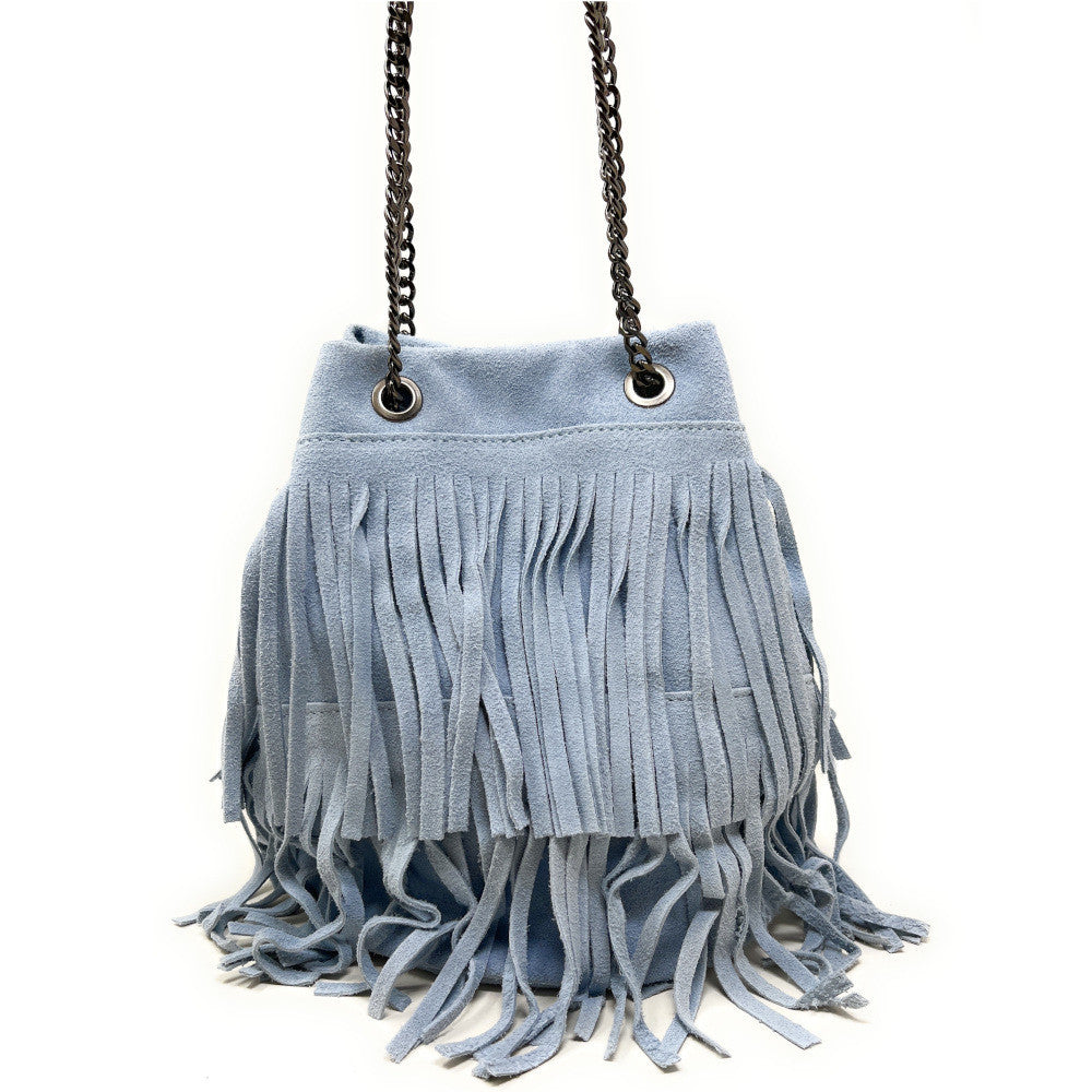 Sac à main à franges en croûte de cuir TADI Bleu pastel